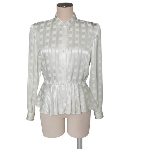 Vintage 80's 90's LAURA And JAYNE White Shimmer Stripe Peplum Shirt Blouse 10 - Picture 2 of 3